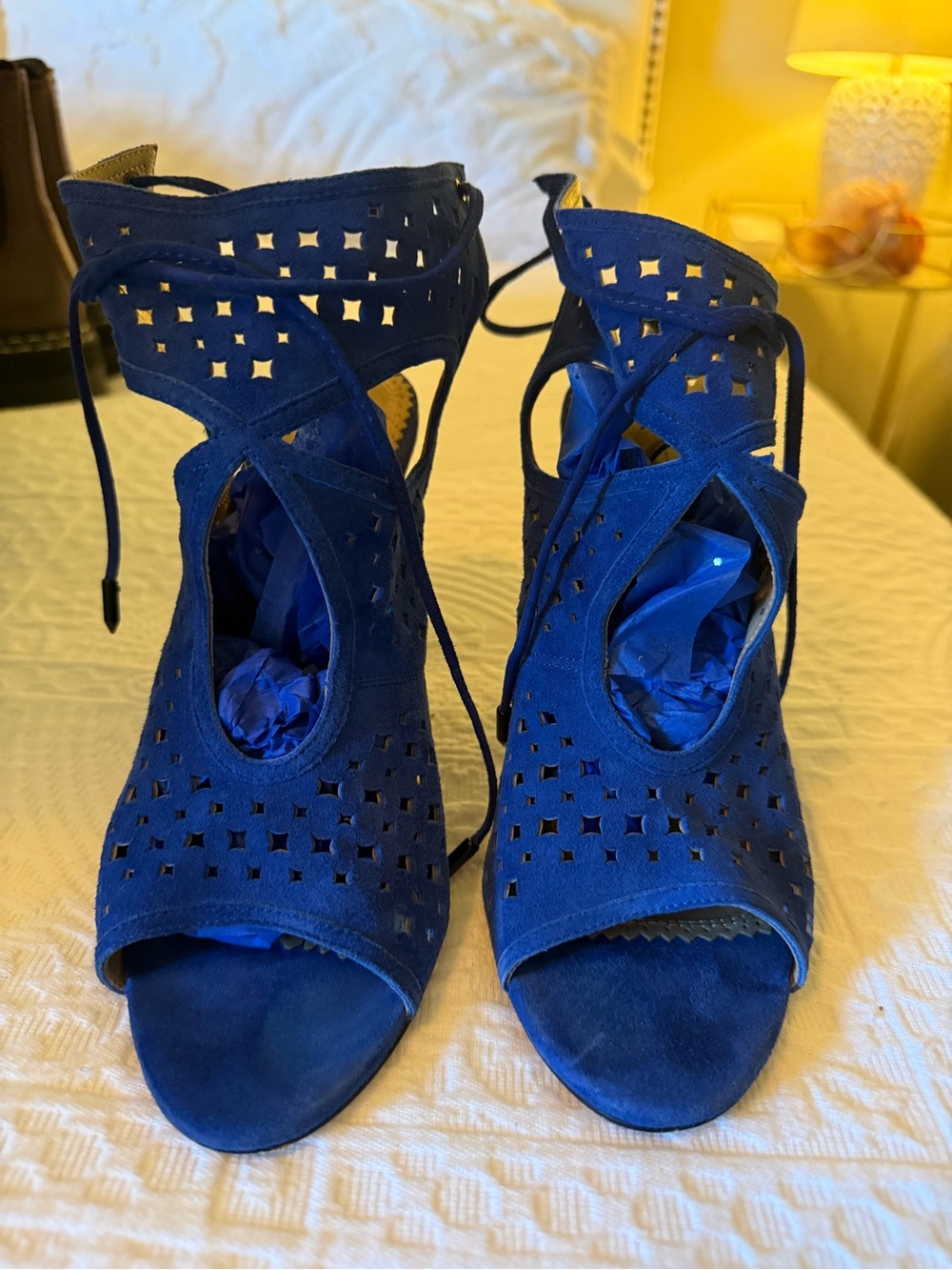 Aquazzura Women's Lace-Up Cutout Heels in Royal Blue Suede